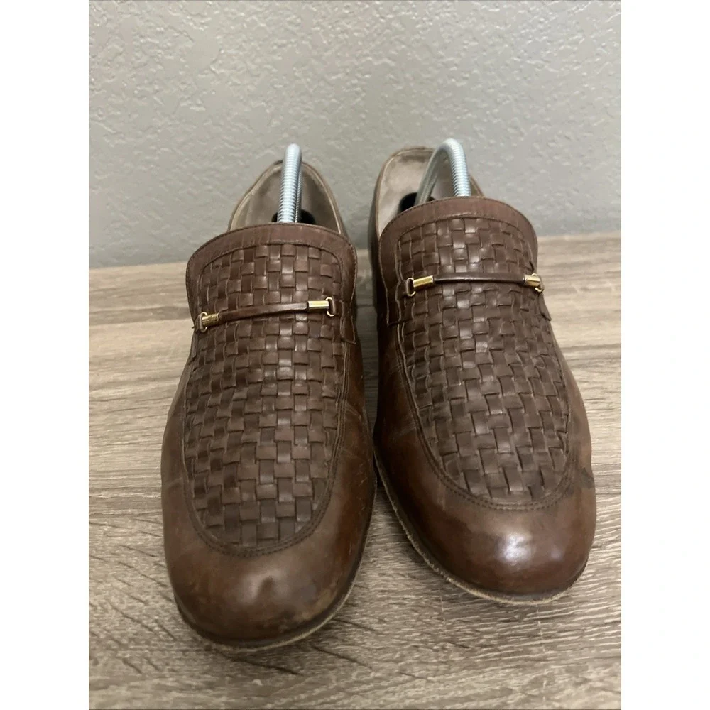 Pucci Loafers Mens 10 Brown Woven Leather Gold Bar Slip On Made in Italy Vintage